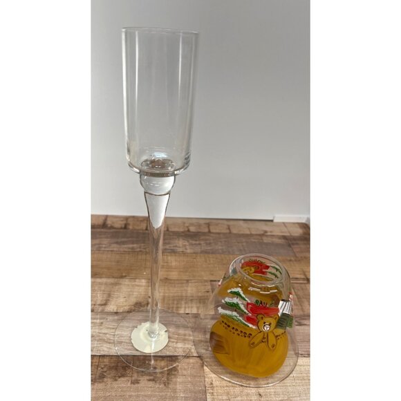Artisan Hand-Painted Bear Scene Glass Candle Holder Tall Stem Decorative Accent - Picture 4 of 5